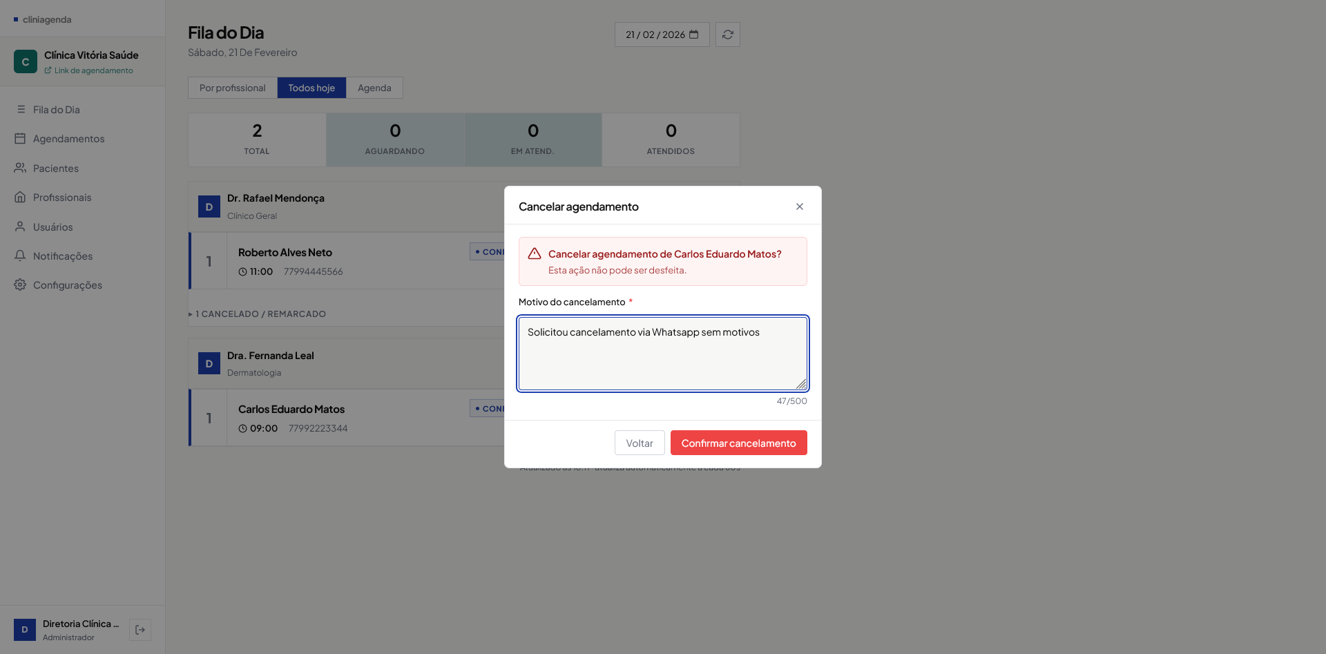 Modal de cancelamento exigindo motivo obrigatório