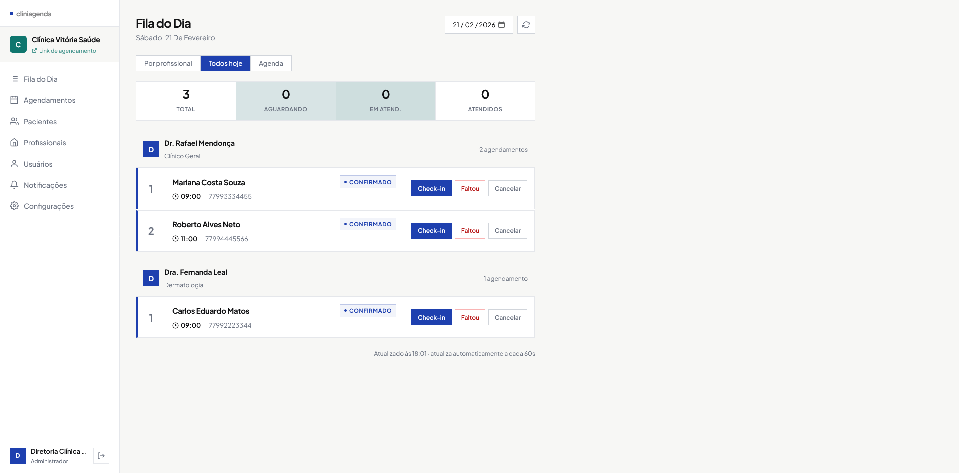 Tela da fila do dia com lista de atendimentos e status