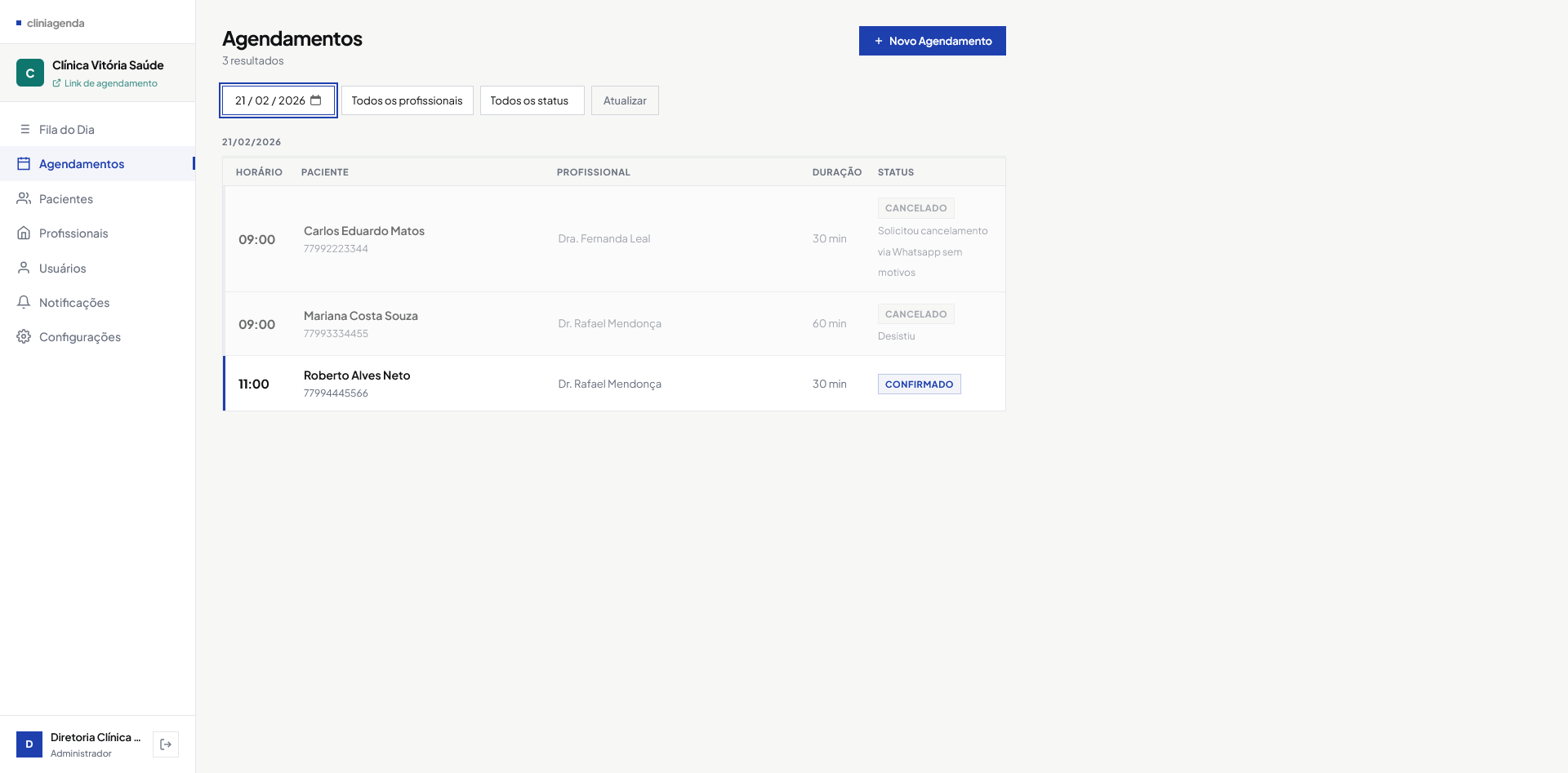 Tela de histórico de alterações com registros de ações