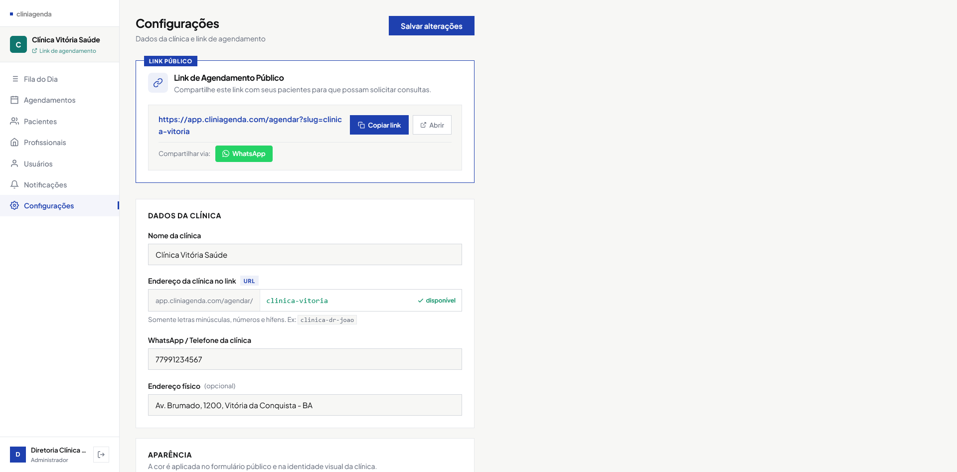 Menu administrativo com opções de gestão