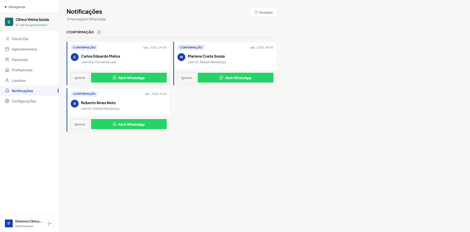 Tela de notificações com pendências e botão para abrir WhatsApp